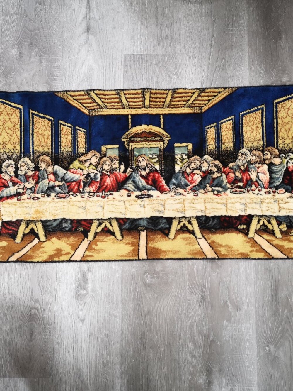 Vintage Italian Velvet Wall Hanging Depicting "The Last Supper" w/ Blue Fringe